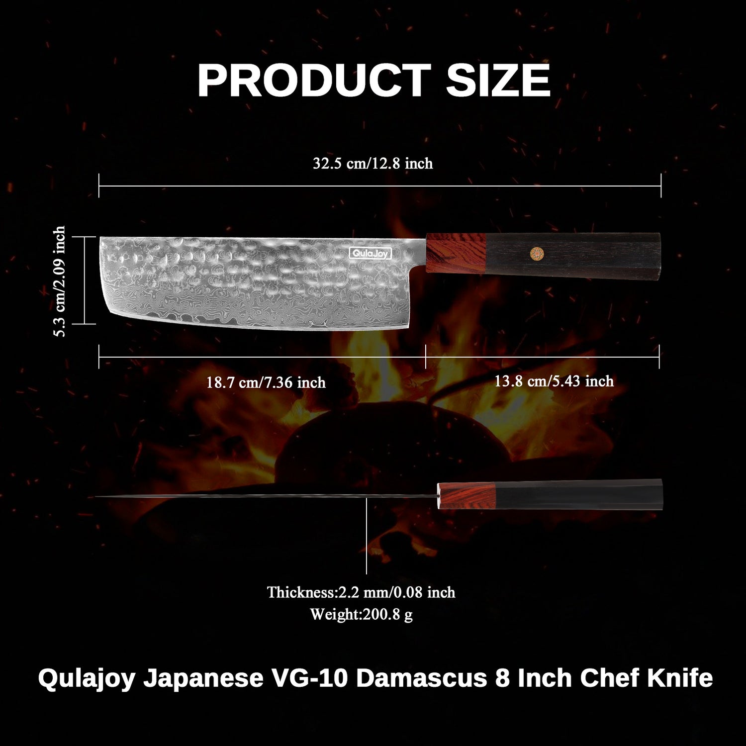 Qulajoy 8 Inch Japanese Kitchen Knife - Damascus VG-10 Super Steel - African Rosewood Handle