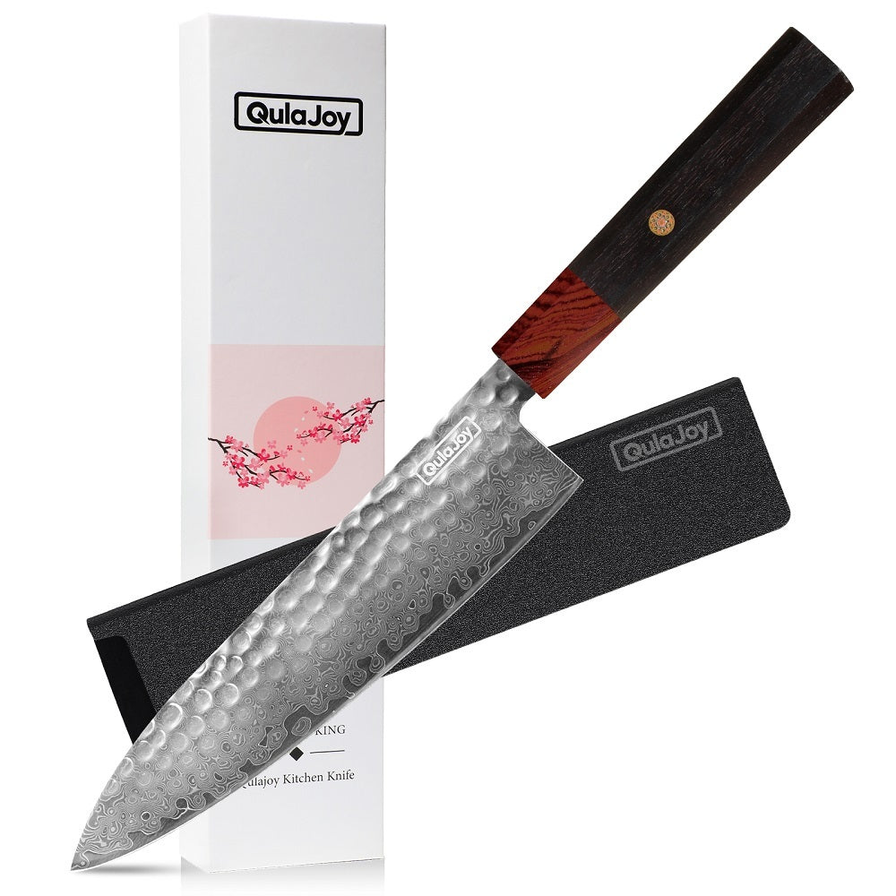 Qulajoy 8 Inch Japanese Kitchen Knife - Damascus VG-10 Super Steel - African Rosewood Handle