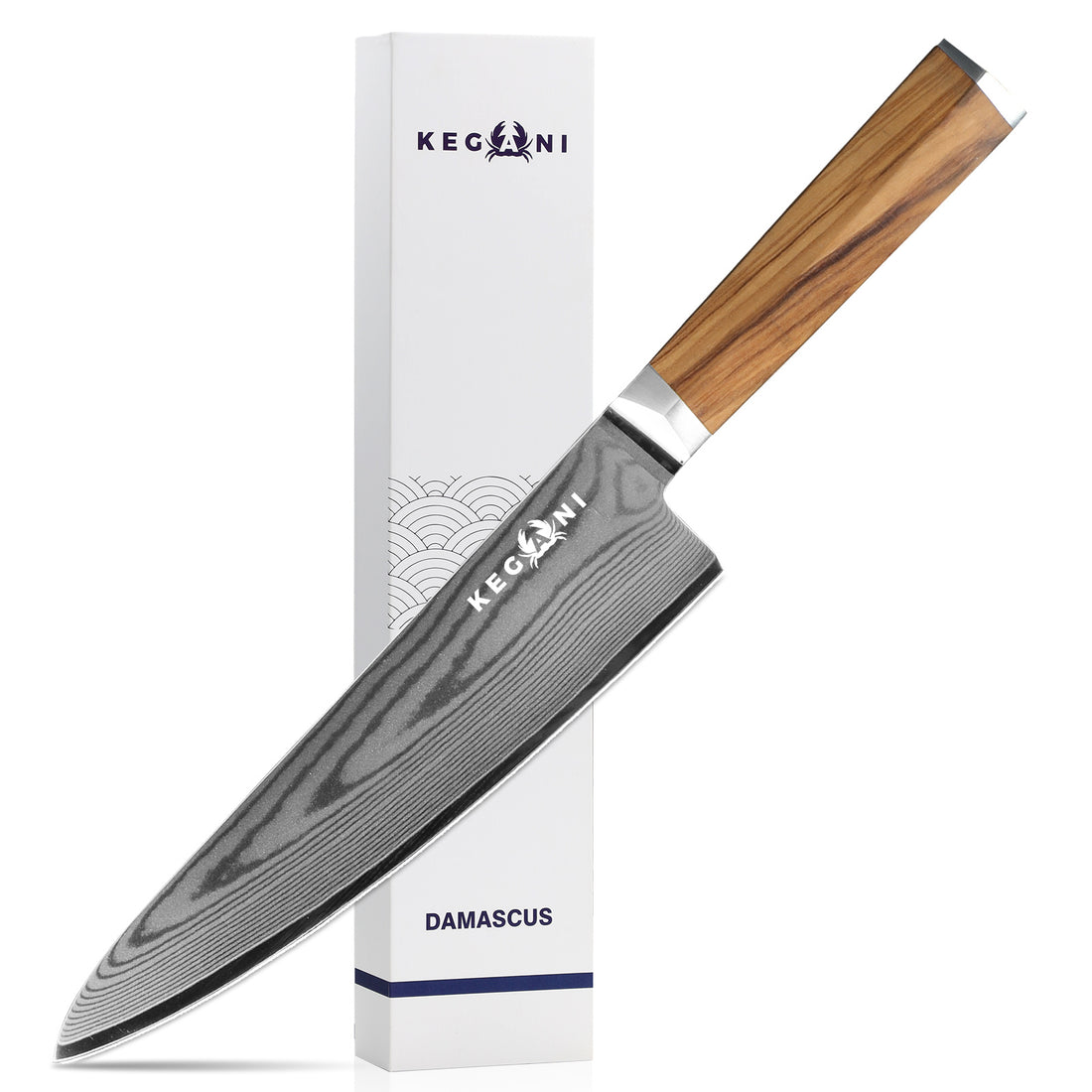 Kegani Japanese 8 Inch Chef or Kiritsuke Knife, 67 Layers VG-10 Damascus Steel with Italian Olive Wood Handle