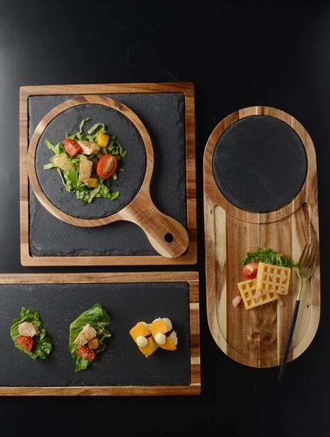 Acacia Wood and Slate Stone Serving Platter - Outdoor Dining