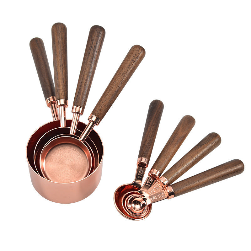 Copper-Plated Measuring Cups and Spoons with Walnut Handle