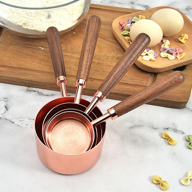 Copper-Plated Measuring Cups and Spoons with Walnut Handle