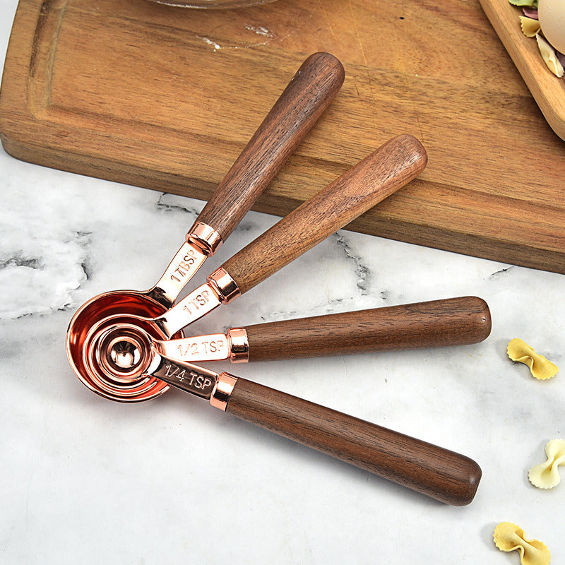 Copper-Plated Measuring Cups and Spoons with Walnut Handle