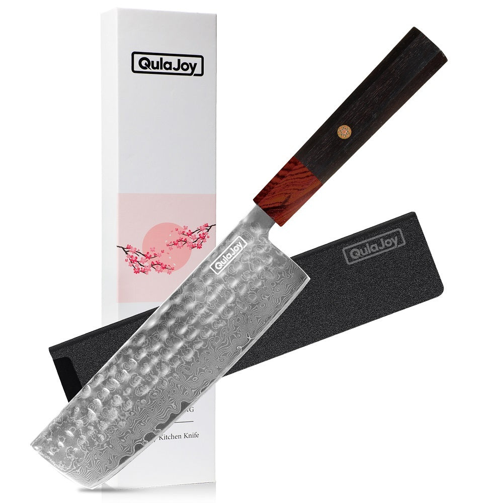 Qulajoy 8 Inch Japanese Kitchen Knife - Damascus VG-10 Super Steel - African Rosewood Handle