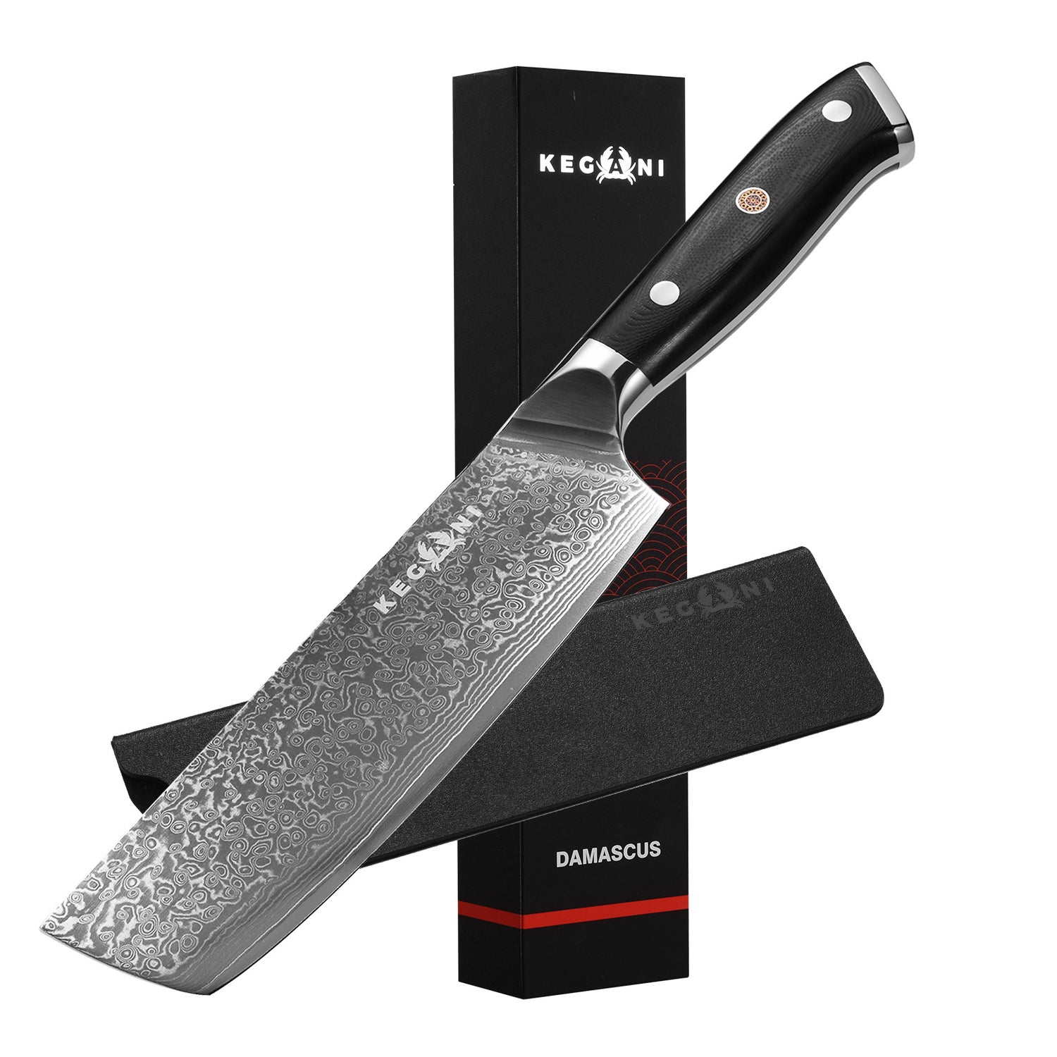 Kegani Japanese Professional Grade Chef, Santoku, Nakiri - 8 Inch VG10 Damascus Steel