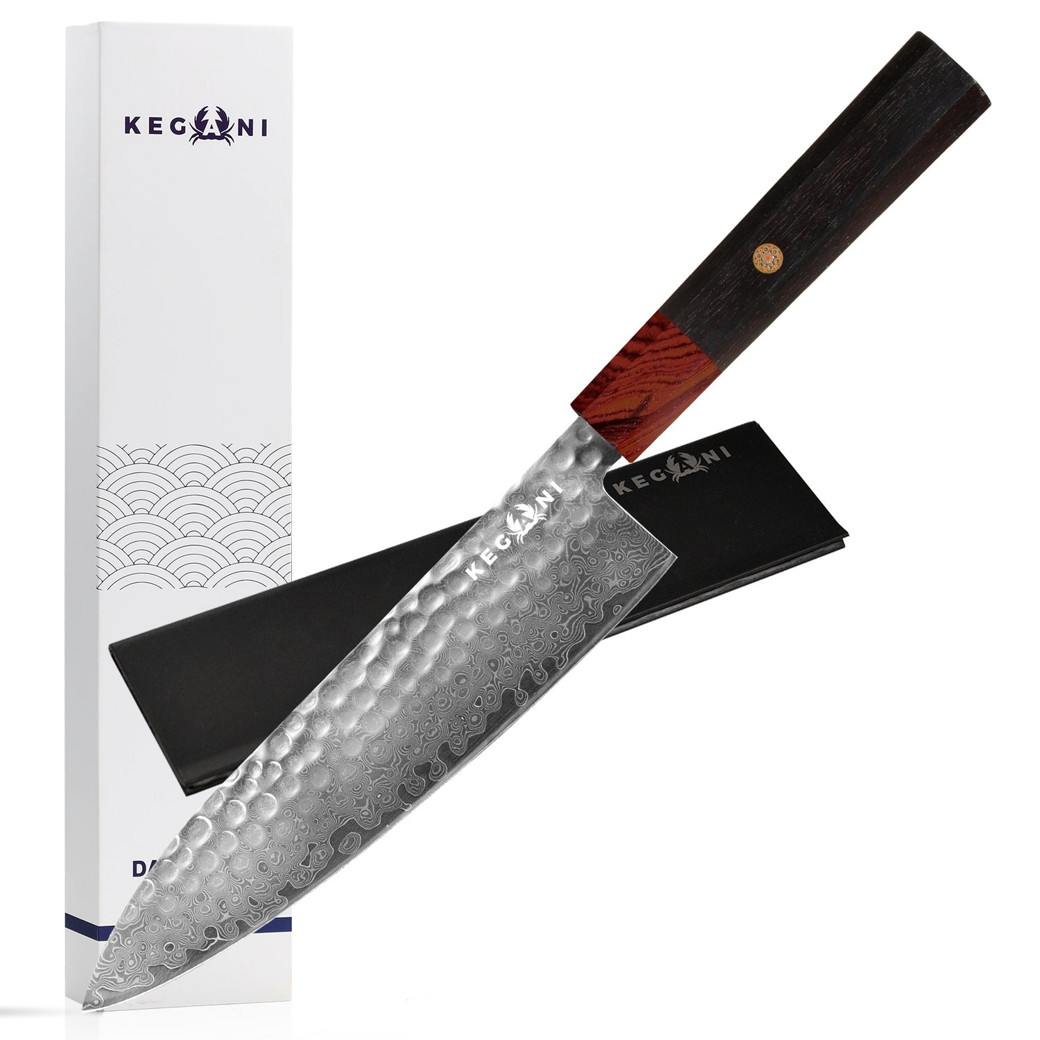 Kegani Hammered Damascus Steel Japanese Chef Knife with Rosewood Handle