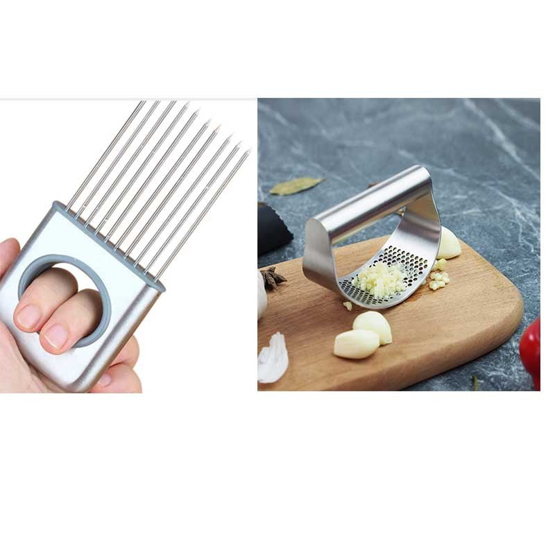 Stainless Steel Garlic Press Rocker and Food Slicer Assistant