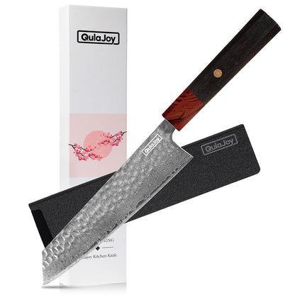 Qulajoy 8 Inch Japanese Kitchen Knife - Damascus VG-10 Super Steel - African Rosewood Handle