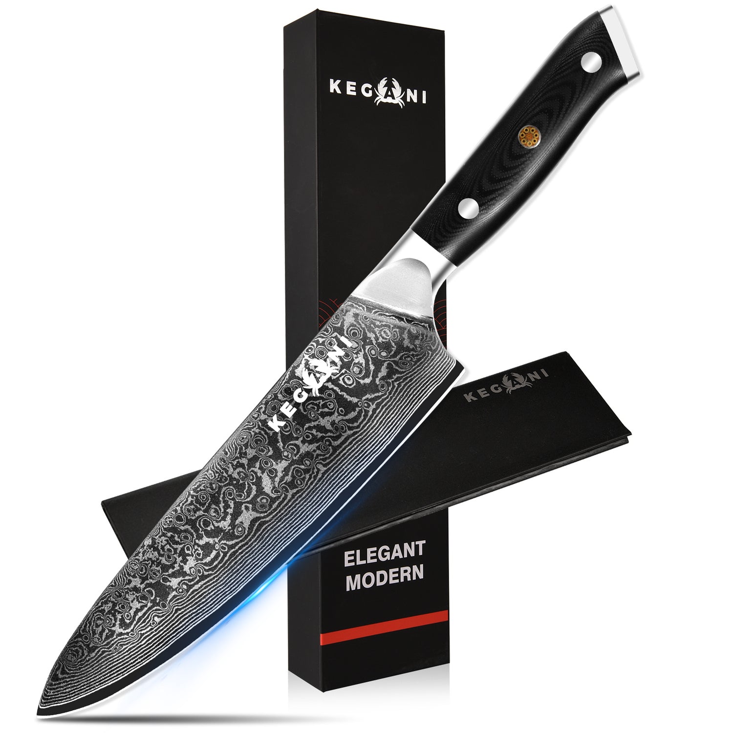 Kegani Japanese Professional Grade Chef, Santoku, Nakiri - 8 Inch VG10 Damascus Steel