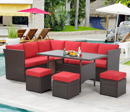 Versatile 7 Pieces Outdoor Patio Furniture with Dining Table &amp; Stools