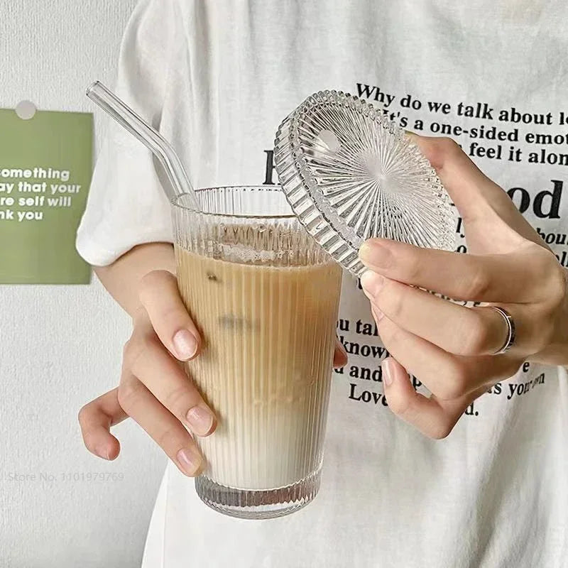 Striped Glass Cup with Lid &amp; Straw