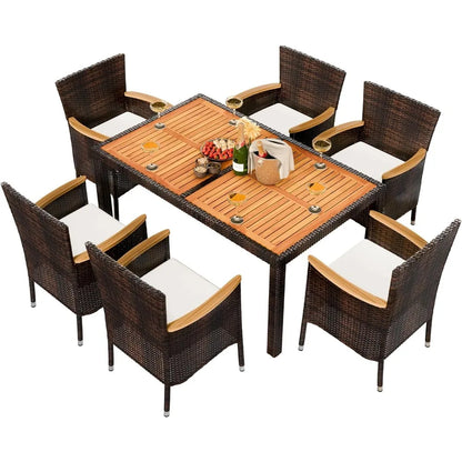 Stylish 7 Piece Acacia and Wicker Patio Dining Set for Outdoor Dining