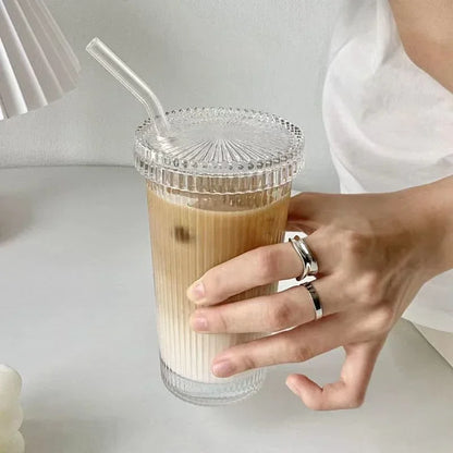 Striped Glass Cup with Lid &amp; Straw