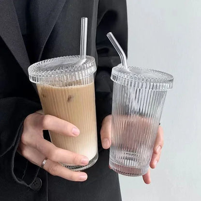 Striped Glass Cup with Lid &amp; Straw