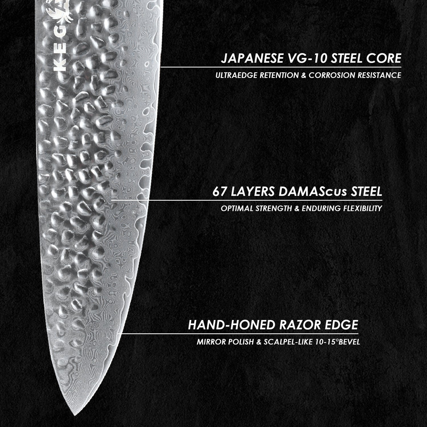 Kegani Japanese Professional Grade Chef, Santoku, Nakiri - 8 Inch VG10 Damascus Steel