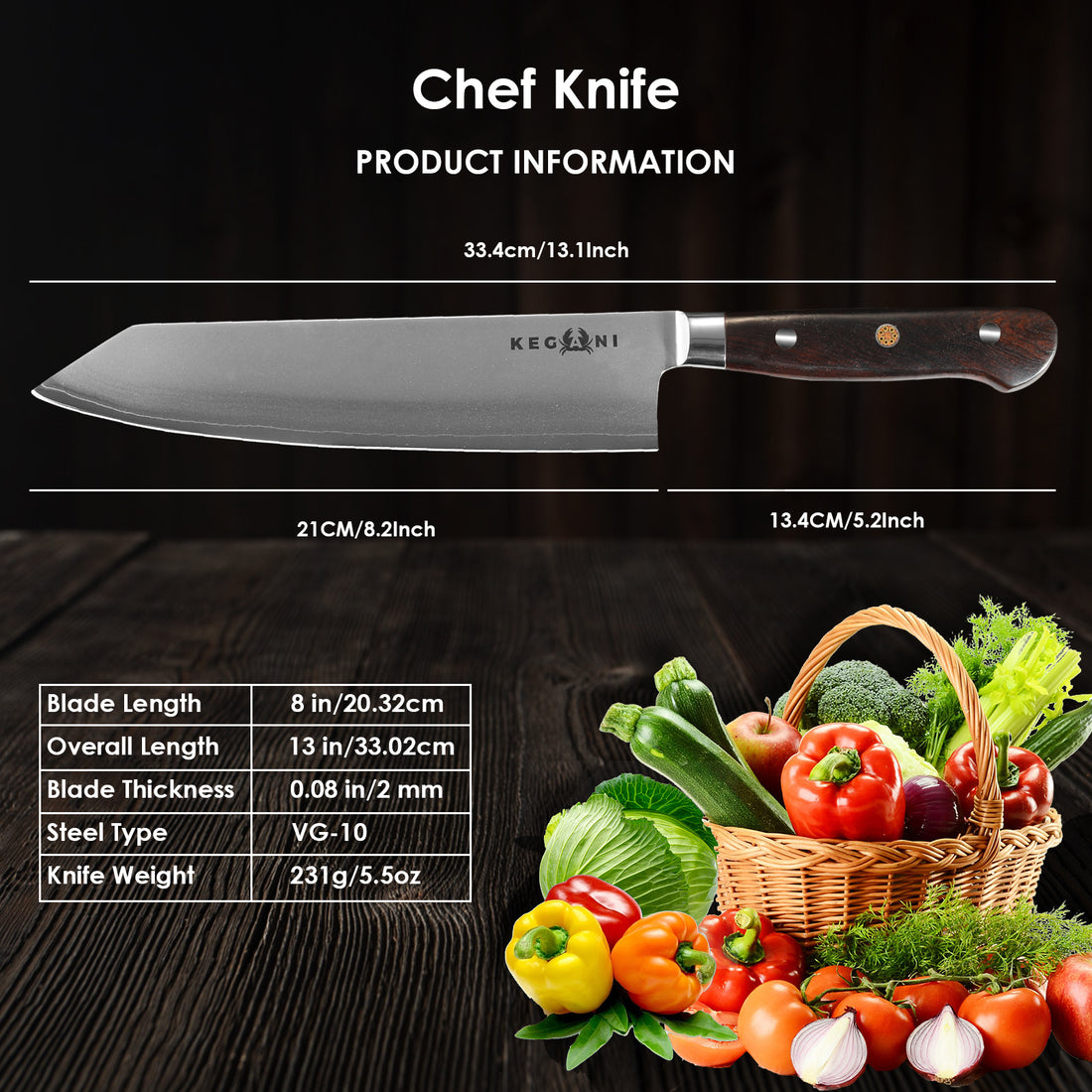 Kegani Kiritsuke 8-Inch Professional Japanese Layered Steel Chef Knife